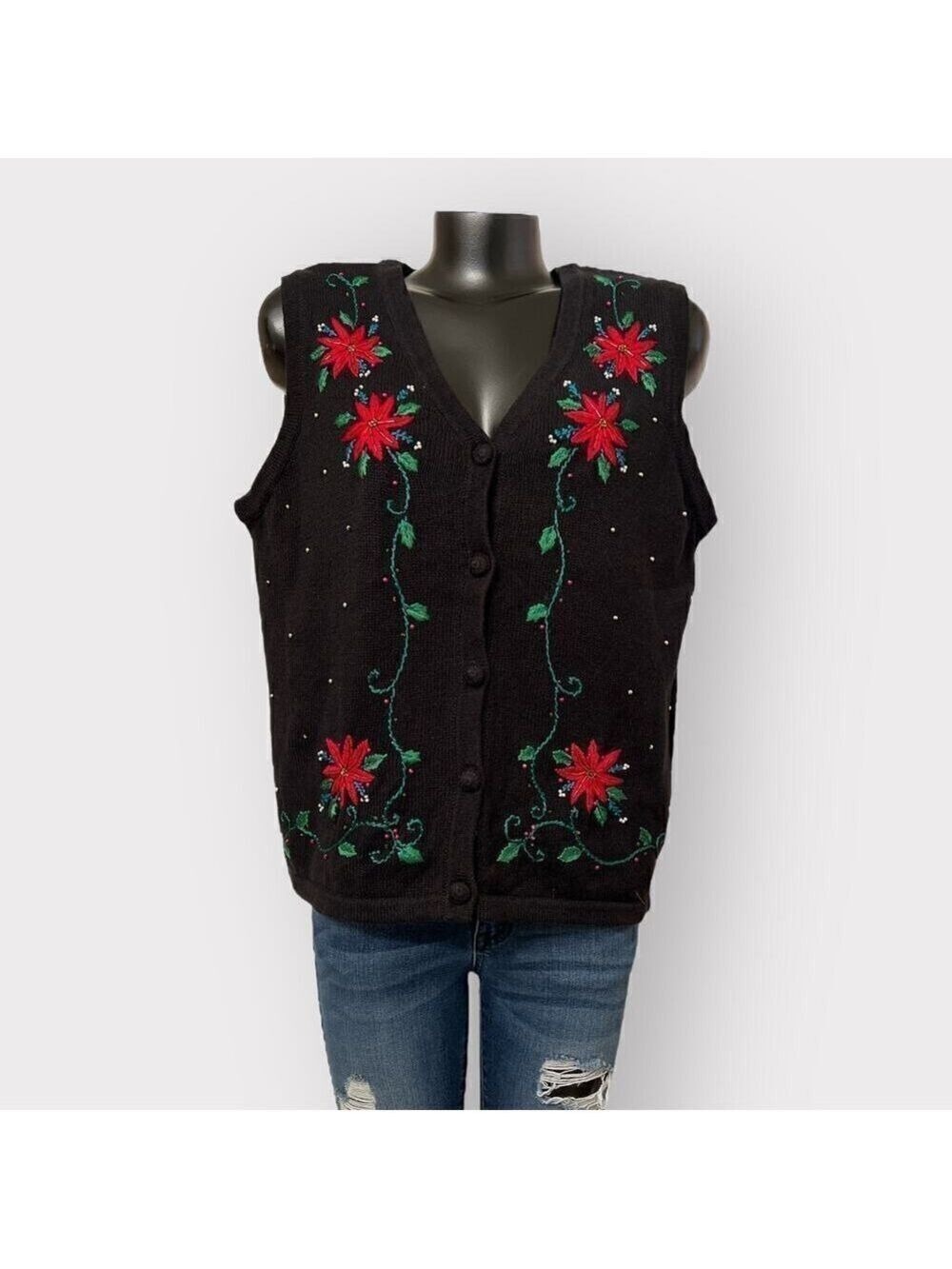 Sarah Bentley VTG Ugly Christmas Sweater Vest sz L Knit Top Holiday Poinsettia